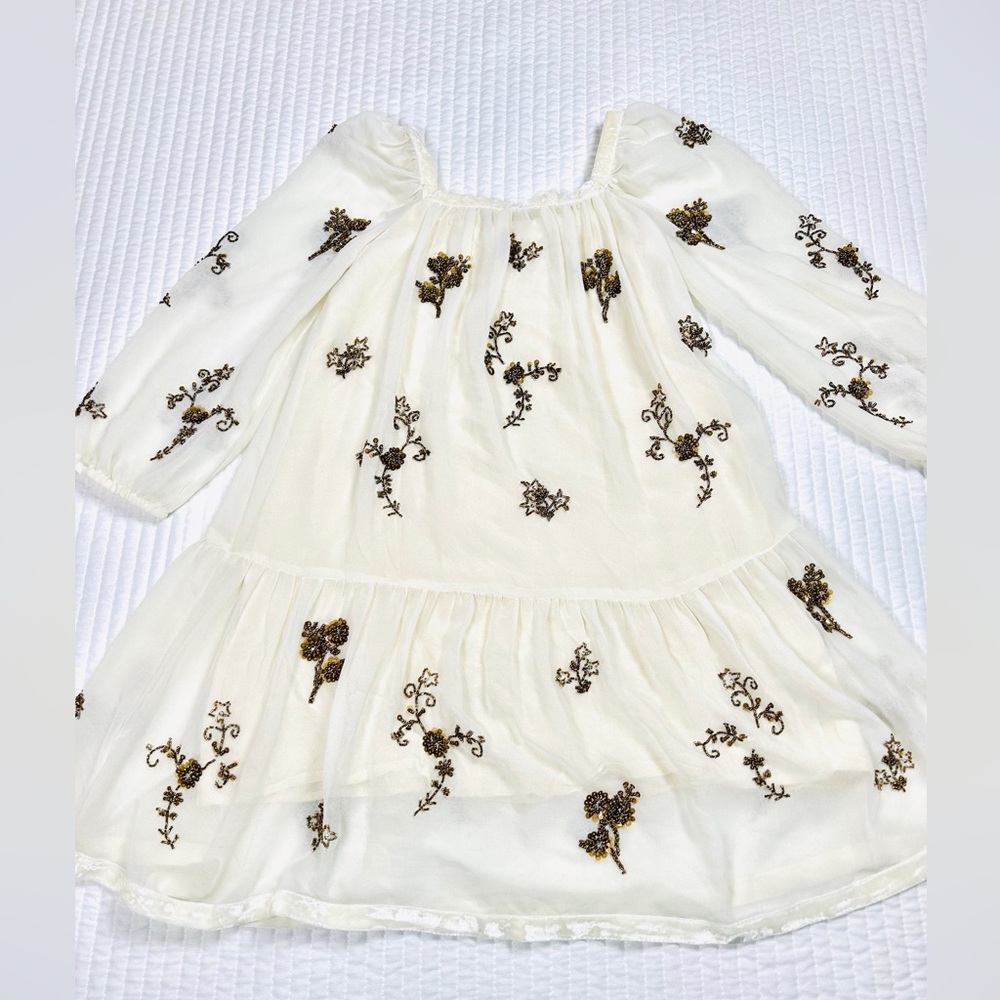 Zara Girl Ivory Flow Tiered Dress Gold Beaded Flowers Chiffon LS Cottagecore